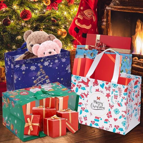 24 Pack Christmas Gift Bags Assorted Sizes with Handle, Reusable Tote Gift Bags Includes 4 Extra Large, 8 Large, 8 Medium, 4 Small, Non-Woven Christmas Bags for Gifts Xmas Party Holiday Favors in Saudi Arabia