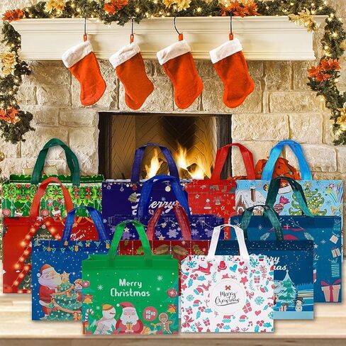 24 Pack Christmas Gift Bags Assorted Sizes with Handle, Reusable Tote Gift Bags Includes 4 Extra Large, 8 Large, 8 Medium, 4 Small, Non-Woven Christmas Bags for Gifts Xmas Party Holiday Favors in Saudi Arabia