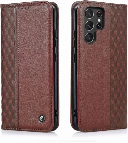 Case for Samsung Galaxy S22 Ultra, Premium PU Leather Wallet Case Card Holder Kickstand Built-in Magnetic Closure Plaid Pattern Flip Folio Phone Cover for Samsung Galaxy S22 Ultra - Brown in Saudi Arabia