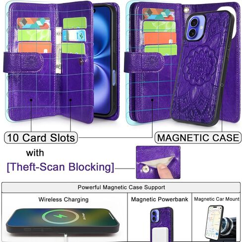 محفظة Harryshell لهاتف iPhone 16 Plus مقاس 6.7 بوصة، حافظة مغناطيسية قابلة للفصل، متوافقة مع الشحن اللاسلكي Magsafe، فتحات بطاقات [حظر السرقة]، حزام معصم بجيب بسحاب للنقود (أرجواني زهري) in Kuwait