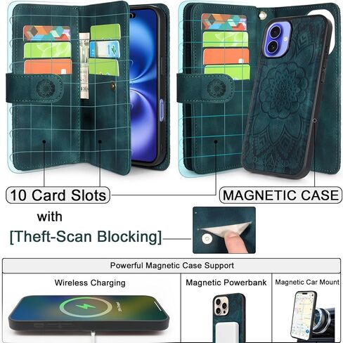 محفظة Harryshell لهاتف iPhone 16 Plus مقاس 6.7 بوصة، حافظة مغناطيسية قابلة للفصل، متوافقة مع الشحن اللاسلكي Magsafe، فتحات بطاقات [حظر السرقة]، حزام معصم بجيب بسحاب للنقود (أرجواني زهري) in Kuwait