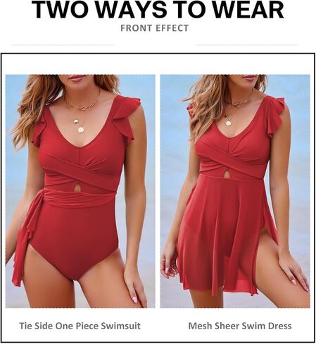 Aleumdr Women's One Piece Skirt Swimsuit Ruffle Tummy Control Swimdress V Neck Wrap Split Hem Swim Dresses in Kuwait