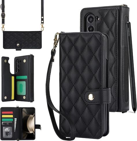 for Samsung Galaxy Z Fold 6 Wallet Case with 6 Credit Card Slots and S-Pen Slot,RFID Blocking,Multi Card Luxurious Leather Magnetic Clasp Kickstand Cover.(Black) in Saudi Arabia