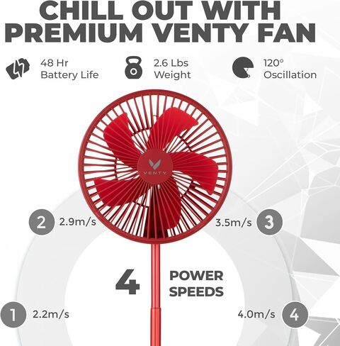 VENTY Original Portable Fan - Wireless Battery Operated Fan With 4 Speeds, LED Lighting, Carry Case & Remote Control - Premium Travel Rechargeable Fan & Power Bank With USB & USB-C Ports (Black) in Kuwait