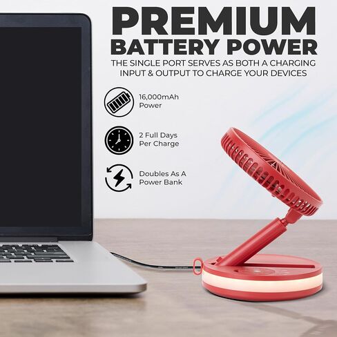 VENTY Original Portable Fan - Wireless Battery Operated Fan With 4 Speeds, LED Lighting, Carry Case & Remote Control - Premium Travel Rechargeable Fan & Power Bank With USB & USB-C Ports (Black) in Kuwait