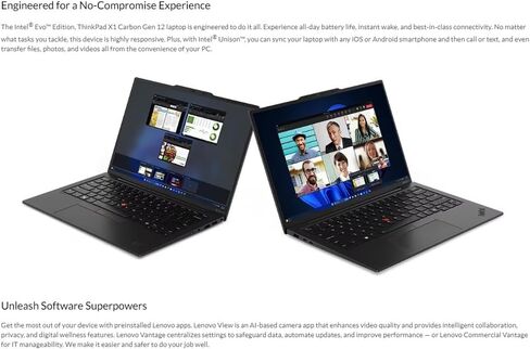 كمبيوتر محمول Lenovo Gen 12 ThinkPad X1 Carbon مزود بمعالج Intel Ultra 7 155U، وشاشة WUXGA 100% sRGB غير تعمل باللمس مقاس 14 بوصة، وذاكرة وصول عشوائي 16 جيجابايت بسرعة 6400 ميجاهرتز، ومحرك SSD بأداء 512 جيجابايت من الجيل الرابع، وكاميرا FHD+ IR+ RGB، ونظا in Saudi Arabia