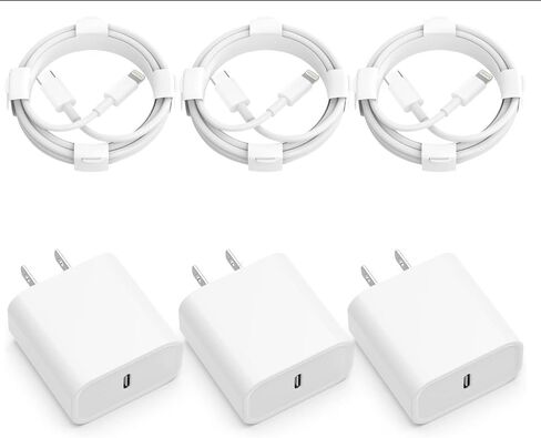 3 قطع شواحن حائط سريعة USB-C بقدرة 20 وات مع كابلات من النوع C إلى النوع C بطول 6 أقدام - مجموعة محول شحن سريع للهواتف والأجهزة اللوحية in Kuwait