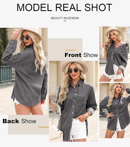Astylish Womens Blouses and Tops Dressy Denim Shacket Shirt V Neck Fashion Long Sleeve Button Down Cowboy Jacket Peach Blossom Small in Saudi Arabia