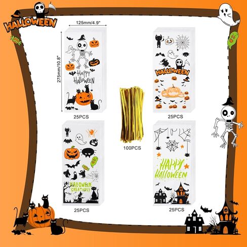 SHTALHST Halloween Treat Bags, 200 pcs (4.9" x 10.8") Halloween Cellophane Treat Bags, Halloween Bags for Candy with Fun Friendly Designs, Halloween Party Decorations, Spooky Treat Bags in Saudi Arabia