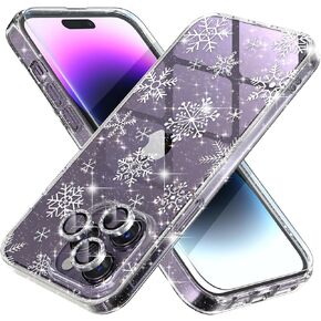 Choiche for Christmas iPhone 14 Pro Case Cute, Women Clear Glitter Bling Sparkly Case, [3 x Diamond Camera Lens Protectors] [2 x Tempered Glass Screen Protectors] 6.1-inch (Glitter Snowflake)