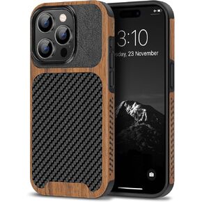 TENDLIN Magnetic Case Compatible with iPhone 15 Pro Max Case Wood Grain with Carbon Fiber Texture Design Leather Hybrid Slim Case (Compatible with MagSafe) Black