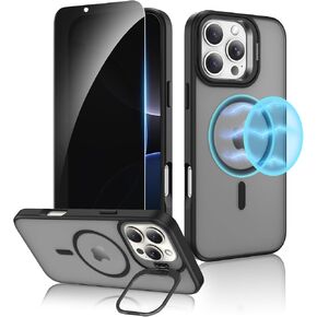 Ruky for iPhone 13 / iPhone 14 Case with Privacy Screen Protector, [with Detachable Buttons] Compatible with MagSafe,Translucent Matte Magnetic Phone Case for iPhone 13 / iPhone 14 with Stand,Black