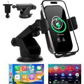 EKAT Wireless Carplay Adapter, Wired CarPlay and Android Auto to Wireless - Support 15W/10W/7.5W/5W Fast Charging - Auto Clamping Car Mount Charger for iPhone 15 14 13 12 11 Pro Max in Kuwait