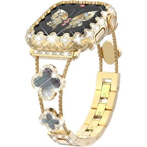 CHANCHY Gold Apple Watch Bands for Women with Bling Protective Apple Watch Case, Diamond Metal Bracelet Dressy Band 40mm 41mm 44mm 45mm for iWatch Series 9/8/7/6/5/4/SE