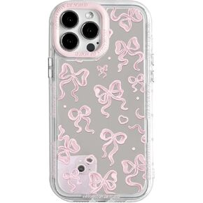 NITITOP Compatible with iPhone 12/12 Pro Case Cute Mirror Bow Love Heart Pattern for Women Girls Ribbon Design Shockproof Silver Protective Phone Cover - Pink Bow