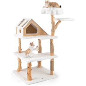 Tangkula Solid Wood Cat Tree, Modern Wooden Cat Tower with Jute Scratching Posts, Perch, Condo, Sisal Rope, Dangling Ball, Soft Long Plush, 66 Inch Tall Cat Tree Tower for Indoor Cats Large Adult