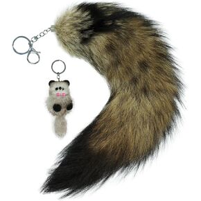 Beviliu Fox Tail Keychain, Real Fluffy Fur Therian Tail Key Ring for Bag, Wolf Fox Tail Halloween Cosplay Costume, Gift Handbag Accessory Hook Pendant, Silver
