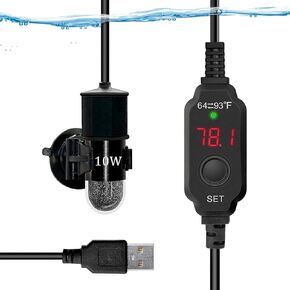Mini Submersible Aquarium Heater, 10/20/25/50/100/150 Watts Adjustable Fish Tank Heater, Built-in Thermometer, External Temperature Controller, Smart Memory, Used for 1-60 Gallons (10W Plug)