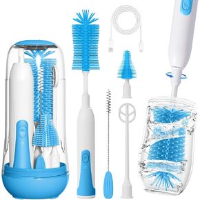 Electric Bottle Brush Cleaner, Electric Baby Bottle Cleaner with Replaceable Silicone Bottle Brushes,Nipple and Straw Brush, Travel Bottle Brush Set with Drainage Rack and Storage Box