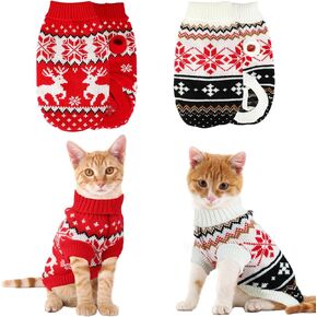 Rypet 2 Packs Cat Christmas Sweater - Puppy Christmas Sweater Pet Turtleneck Knitwear with Reindeer Santa Claus Pattern Sweaters for Kitten and Small Dogs XS