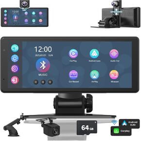9'' Car Audio Receivers with 4K Front & 1080P Rear Camera, 2024 Portable Stereo Receivers Apple Carplay & Android Auto for Cars, Screen Mirroring/Bluetooth/FM/Siri/Voice Control