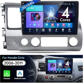 for Honda Civic 2006-2011 Car Stereo Radio: 10" Touchscreen 𝟖-𝐂𝐨𝐫𝐞 𝟓𝐆 𝐖𝐢𝐟𝐢 𝟒+𝟑𝟐𝐆 GPS Navigation - Wireless CarPlay Android Auto Backup Camera Mirror Link Bluetooth FM GPS SWC DSP