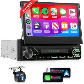 Android 2G 64G Single Din Carplay Car Stereo with Wireless Android Auto (Motorized) 7 Inch Flip Out Touchscreen Car Radio with Bluetooth Mirror Link Backup Camera/USB/AUX Type-C/RDS/FM/WiFi/EQ