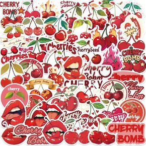 50 PCS Cherry Stickers Cherry Bomb Stickers for Adults Cherry Birthday Decorations Cute Fruit Stickers Red Aesthetic Vinyl Waterproof Stickers for Water Bottles