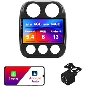 4+64G Android 13 Double Din Car Stereo for Jeep Compass/Patriot 2010-2016 with 10.1 Inch Touchscreen Radio Built-in Wireless Carplay/Android Auto/GPS/Bluetooth/FM/AUX-in/SWC/Backup Camera