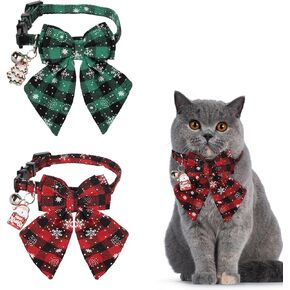 2pcs Christmas Cat Collar, Cat Collar Bow Tie Plaid Cat Tie Cute Christmas Cat Collar with Bells & Charms Adjustable Kitten Collar for Cats Pets (Red, Green)