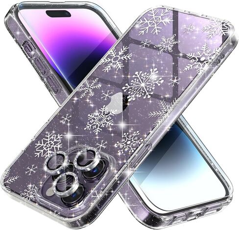 Choiche for Christmas iPhone 14 Pro Case Cute, Women Clear Glitter Bling Sparkly Case, [3 x Diamond Camera Lens Protectors] [2 x Tempered Glass Screen Protectors] 6.1-inch (Glitter Snowflake) in Saudi Arabia