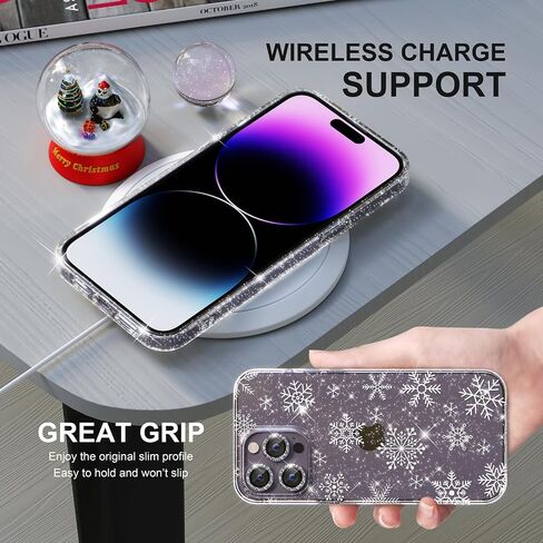 Choiche for Christmas iPhone 14 Pro Case Cute, Women Clear Glitter Bling Sparkly Case, [3 x Diamond Camera Lens Protectors] [2 x Tempered Glass Screen Protectors] 6.1-inch (Glitter Snowflake) in Saudi Arabia