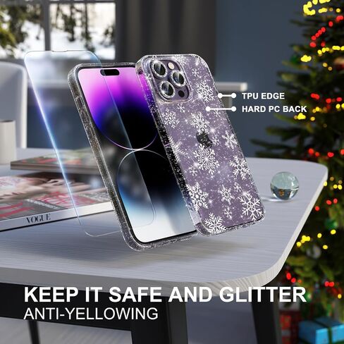 Choiche for Christmas iPhone 14 Pro Case Cute, Women Clear Glitter Bling Sparkly Case, [3 x Diamond Camera Lens Protectors] [2 x Tempered Glass Screen Protectors] 6.1-inch (Glitter Snowflake) in Saudi Arabia