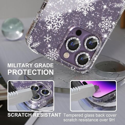 Choiche for Christmas iPhone 14 Pro Case Cute, Women Clear Glitter Bling Sparkly Case, [3 x Diamond Camera Lens Protectors] [2 x Tempered Glass Screen Protectors] 6.1-inch (Glitter Snowflake) in Saudi Arabia