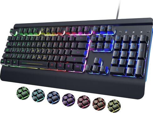 RisoPhy Gaming Keyboard, 104 Keys All-Metal Panel, Rainbow LED Backlit Silent Computer Keyboard, Wrist Rest, Multimedia Keys, Anti-Ghosting, Waterproof Light Up Wired Keyboard for PC Mac Gamer in Kuwait