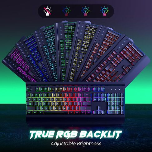 RisoPhy Gaming Keyboard, 104 Keys All-Metal Panel, Rainbow LED Backlit Silent Computer Keyboard, Wrist Rest, Multimedia Keys, Anti-Ghosting, Waterproof Light Up Wired Keyboard for PC Mac Gamer in Kuwait