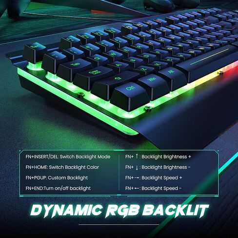 RisoPhy Gaming Keyboard, 104 Keys All-Metal Panel, Rainbow LED Backlit Silent Computer Keyboard, Wrist Rest, Multimedia Keys, Anti-Ghosting, Waterproof Light Up Wired Keyboard for PC Mac Gamer in Kuwait