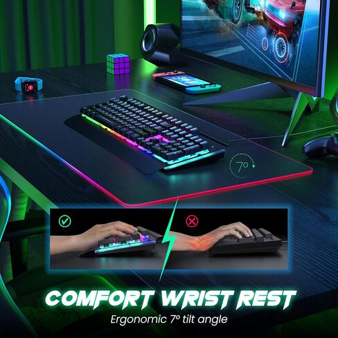 RisoPhy Gaming Keyboard, 104 Keys All-Metal Panel, Rainbow LED Backlit Silent Computer Keyboard, Wrist Rest, Multimedia Keys, Anti-Ghosting, Waterproof Light Up Wired Keyboard for PC Mac Gamer in Kuwait