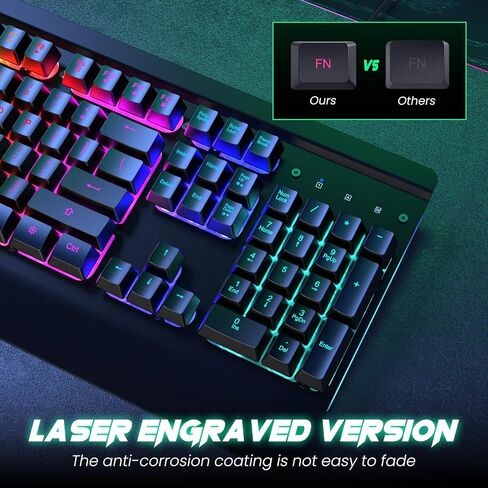 RisoPhy Gaming Keyboard, 104 Keys All-Metal Panel, Rainbow LED Backlit Silent Computer Keyboard, Wrist Rest, Multimedia Keys, Anti-Ghosting, Waterproof Light Up Wired Keyboard for PC Mac Gamer in Kuwait