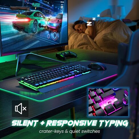RisoPhy Gaming Keyboard, 104 Keys All-Metal Panel, Rainbow LED Backlit Silent Computer Keyboard, Wrist Rest, Multimedia Keys, Anti-Ghosting, Waterproof Light Up Wired Keyboard for PC Mac Gamer in Kuwait