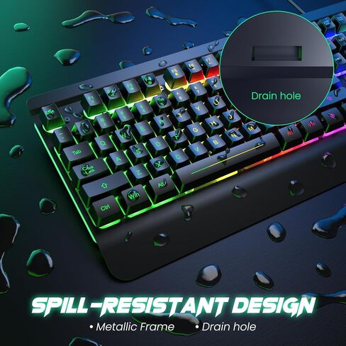 RisoPhy Gaming Keyboard, 104 Keys All-Metal Panel, Rainbow LED Backlit Silent Computer Keyboard, Wrist Rest, Multimedia Keys, Anti-Ghosting, Waterproof Light Up Wired Keyboard for PC Mac Gamer in Kuwait