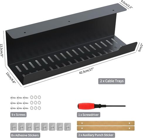 صينية إدارة الكابلات المكتبية من VIDOR، منظم كابلات المكتب، 17 بوصة من الفولاذ بدون حفر تحت علبة الكابلات المكتبية، منظم سلك مكتب سهل التركيب، أسود، قطعتان in Kuwait