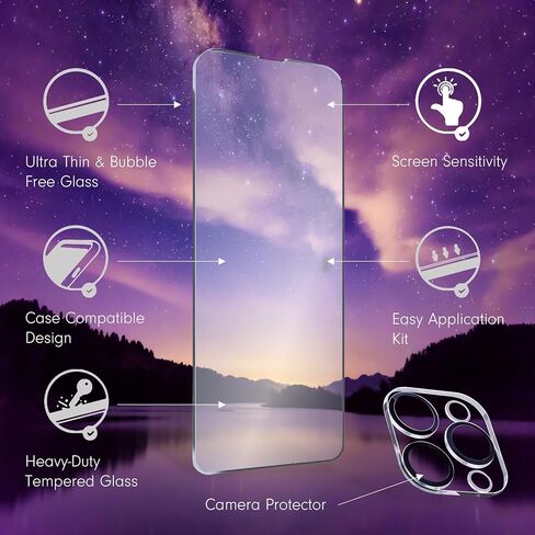 Sonix | 3 Pack Glass Screen Protector for iPhone 15 Pro Max + 3 Pack Camera Lens Protector | Case Friendly, Tempered Glass in Saudi Arabia