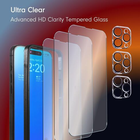 Sonix | 3 Pack Glass Screen Protector for iPhone 15 Pro Max + 3 Pack Camera Lens Protector | Case Friendly, Tempered Glass in Saudi Arabia