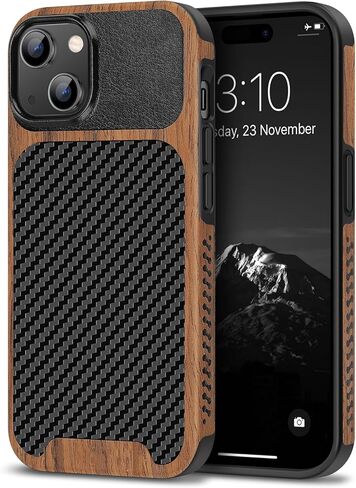 حافظة TENDLIN مغناطيسية متوافقة مع حافظة iPhone 15 Pro Max مصنوعة من الخشب المحبب مع تصميم نسيج من ألياف الكربون حافظة جلدية نحيفة (متوافقة مع MagSafe) أسود in Saudi Arabia
