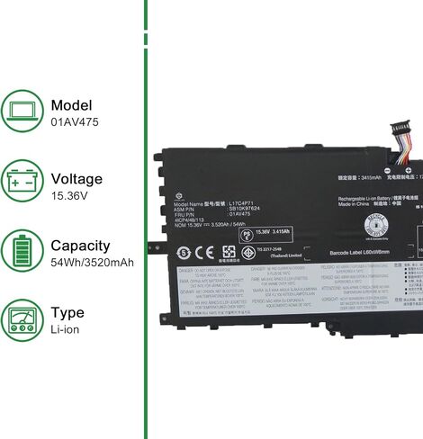 01AV475 L17C4P71 SB10K97624 Laptop Battery Replacement for Lenovo ThinkPad X1 Yoga 3rd Gen 2018 Series L17M4P71 SB10K97623 01AV474 L17M4P73 SB10K97638 01AV499 02DL003 15.36V 54Wh 3520mAh in Saudi Arabia