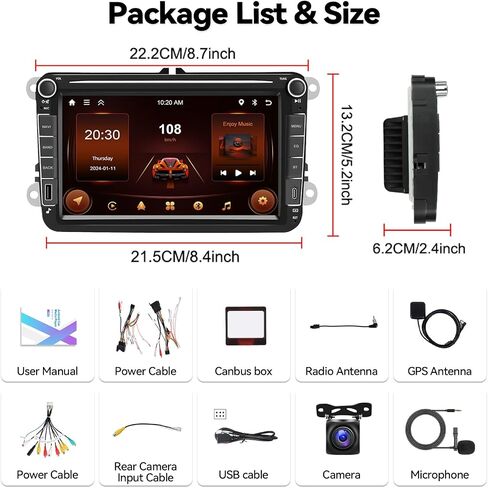SIXTOP [2+64G] Android Car Stereo for VW SEAT Skoda Golf Passat Polo JATTA Jetta Upgrade Radio with Carplay Android Auto Mirror Link 30 Themes 8 inch TouchScreen FM GPS Bluetooth+AHD Backup Camera&MIC in Saudi Arabia
