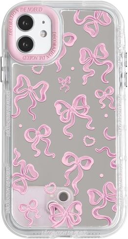 NITITOP Compatible with iPhone 12/12 Pro Case Cute Mirror Bow Love Heart Pattern for Women Girls Ribbon Design Shockproof Silver Protective Phone Cover - Pink Bow in Saudi Arabia