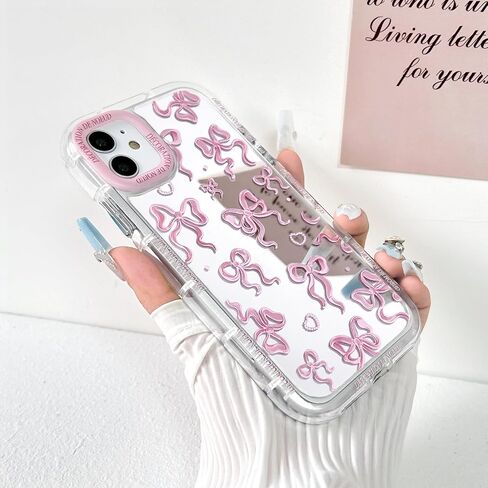 NITITOP Compatible with iPhone 12/12 Pro Case Cute Mirror Bow Love Heart Pattern for Women Girls Ribbon Design Shockproof Silver Protective Phone Cover - Pink Bow in Saudi Arabia
