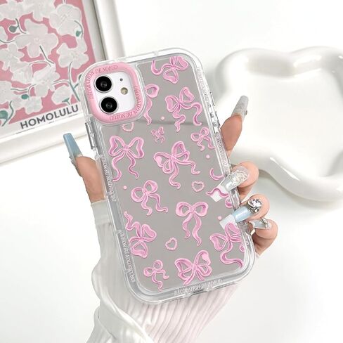 NITITOP Compatible with iPhone 12/12 Pro Case Cute Mirror Bow Love Heart Pattern for Women Girls Ribbon Design Shockproof Silver Protective Phone Cover - Pink Bow in Saudi Arabia